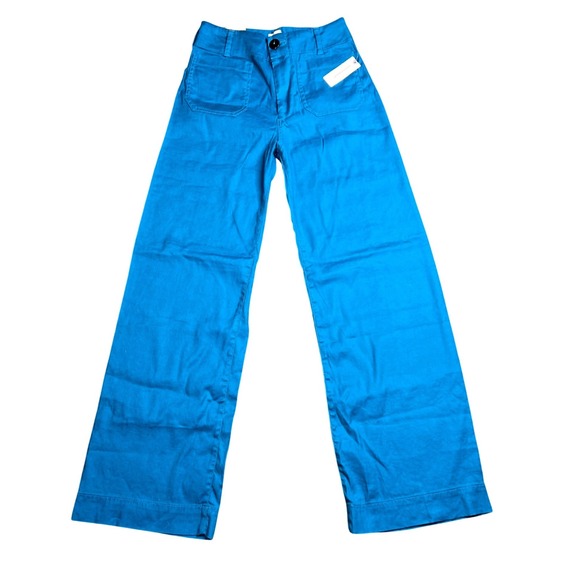 NWT Maeve The Colette Womens 26 Full Length Ocean Blue Linen Blend Wide Leg Pant